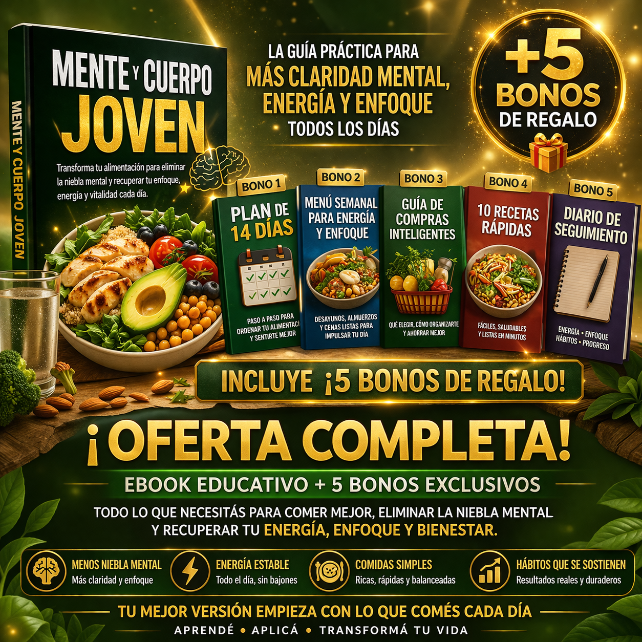 Oferta completa: ebook Mente y Cuerpo Joven más 5 bonos de regalo.